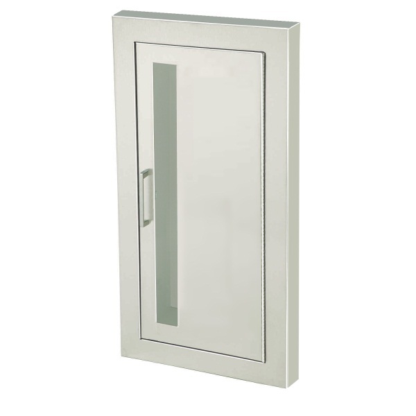 Cosmopolitan Series Stainless Steel Cabinet with Vertical Acrylic Window & 1.5" Square Trim, Semi-Recessed.  6" Depth