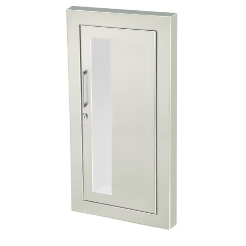 Cosmopolitan Series Stainless Steel Cabinet with Vertical Acrylic Window, 1.5" Square Trim & SAF-T-LOK, Semi-Recessed, 5.5" Depth