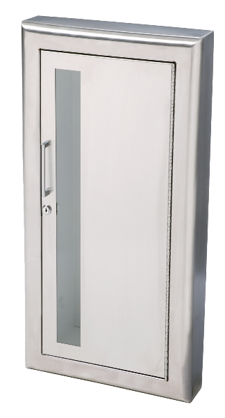 Cosmopolitan Series Stainless Steel Cabinet with Vertical Acrylic Window, 3" Rolled Trim & SAF-T-LOK, Semi-Recessed.  6" Depth